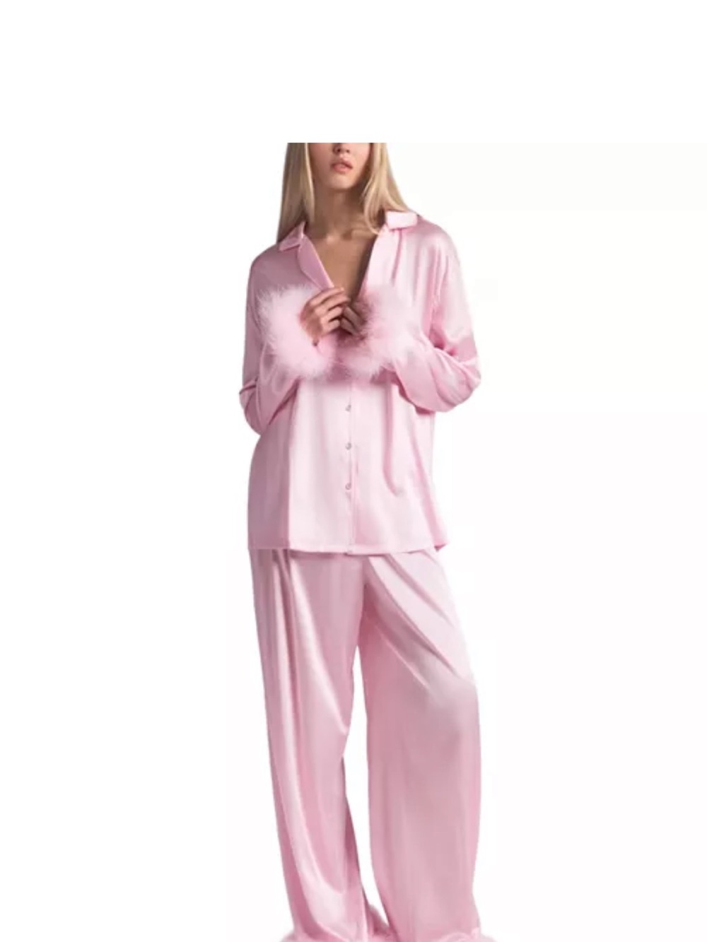 SKIMS Pink Satin Feather-Trim Pajama Set - Women's Intimates